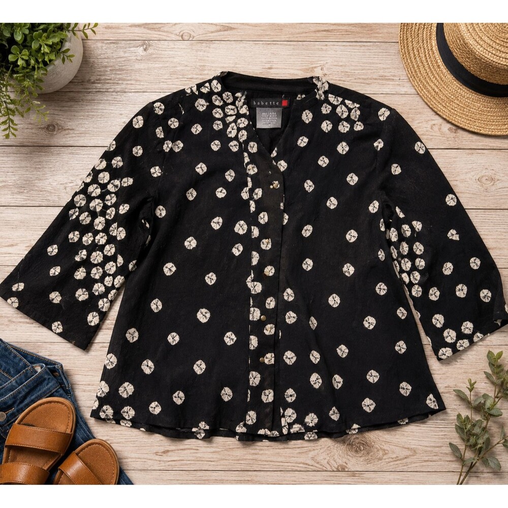 Babette Black White Tie Dye Cotton Snap Front Blouse Women's Small Made USA